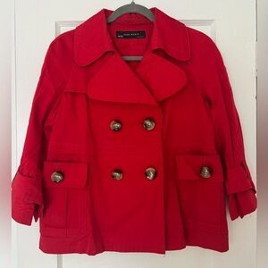 Red, double-breasted, mini-trench coat. ❤️